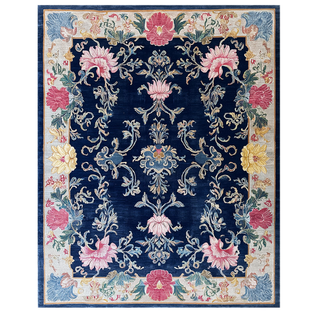 Decorative floral rug with intricate patterns on a blue background