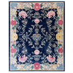 Decorative floral rug with intricate patterns on a blue background