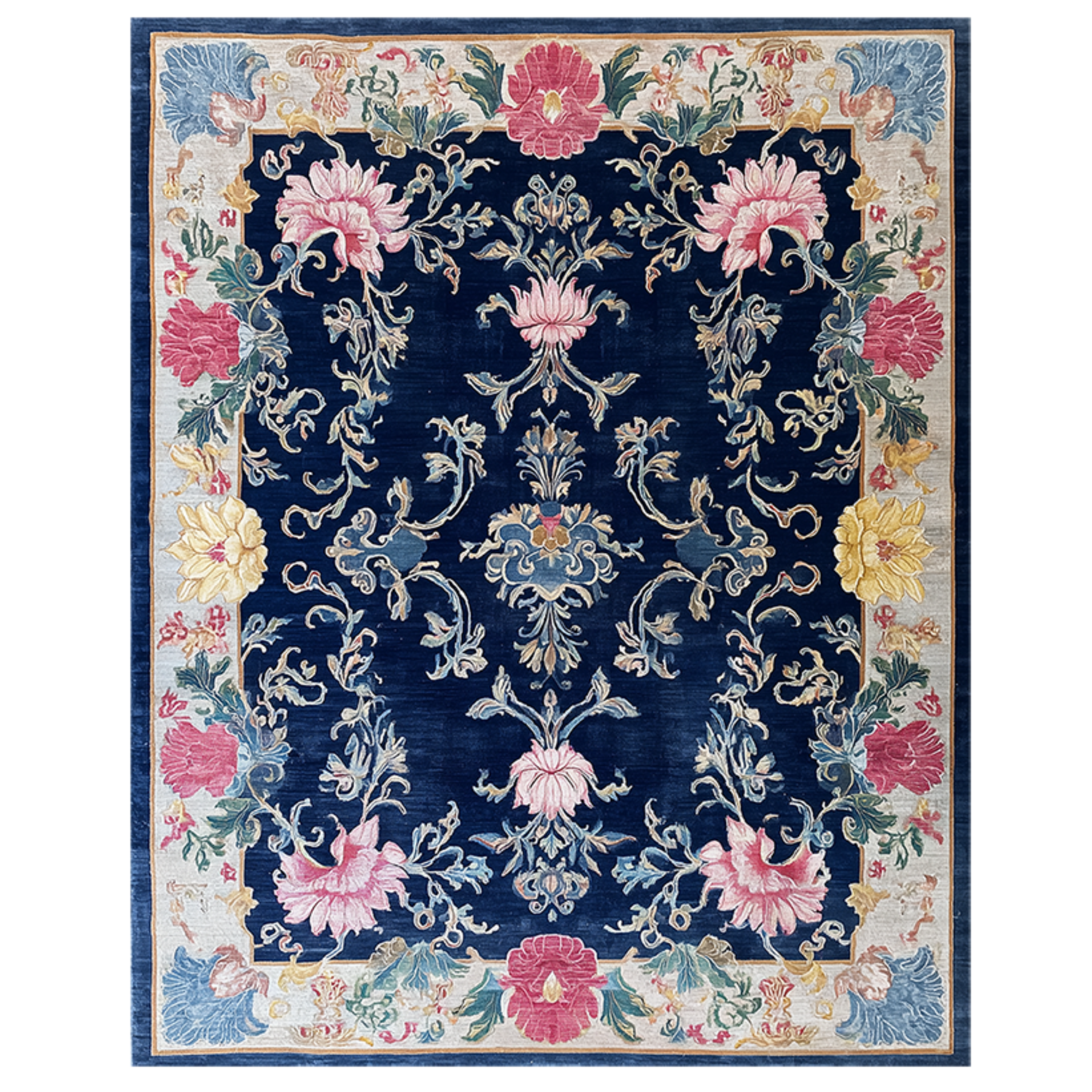 Decorative floral rug with intricate patterns on a blue background