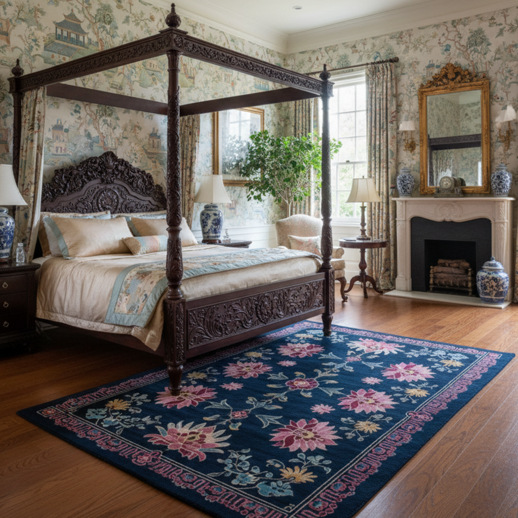 an indian chinese bed room with Lotus and Sapphire Hand Tufted Wool Rug