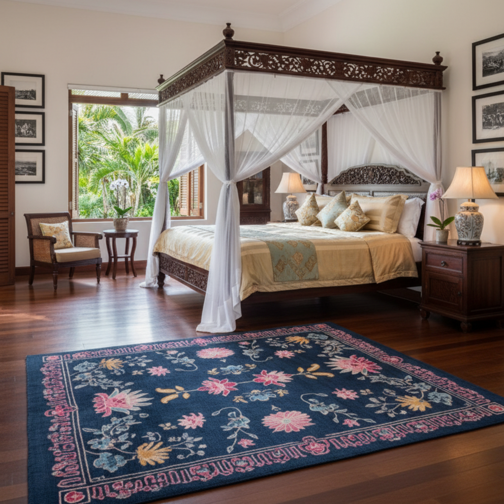 indochina hotel bedroom with Lotus and Sapphire Hand Tufted Wool Rug