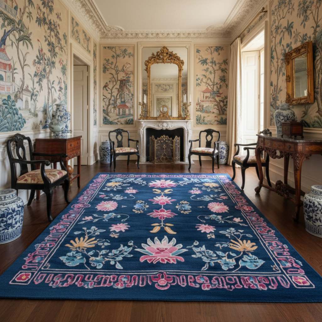 Decorative room with a blue floral rug, ornate chairs, and patterned walls.