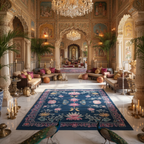royal palace with laterns, and floor seatin and Lotus and Sapphire Hand Tufted Wool Rug