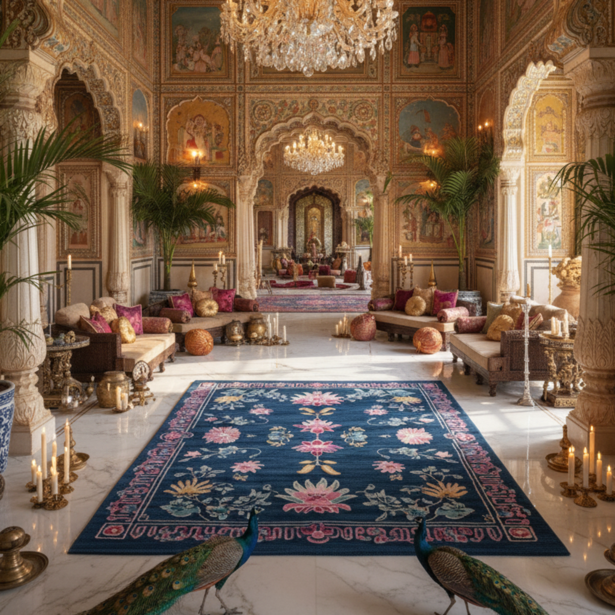 royal palace with laterns, and floor seatin and Lotus and Sapphire Hand Tufted Wool Rug