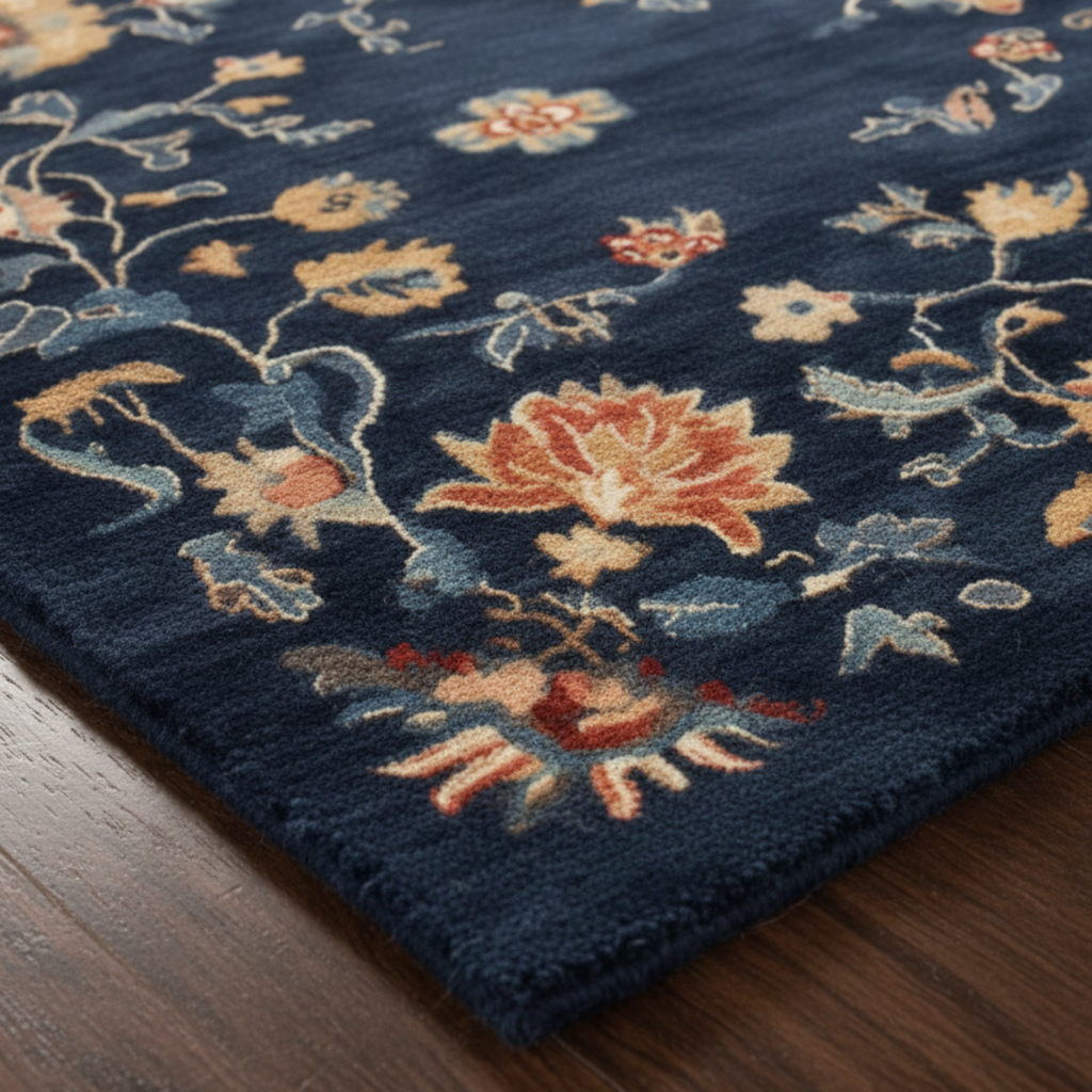 Midnight Bloom Hand Tufted Wool Rug close up shot