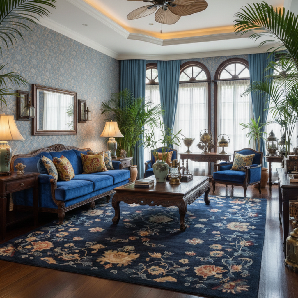 a blue theme living room asian inspired with Midnight Bloom Hand Tufted Wool Rug