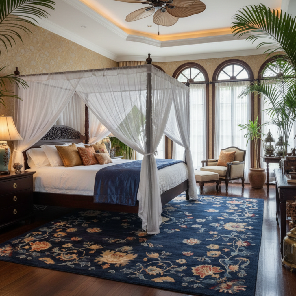 indochina hotel bed room styling with Midnight Bloom Hand Tufted Wool Rug