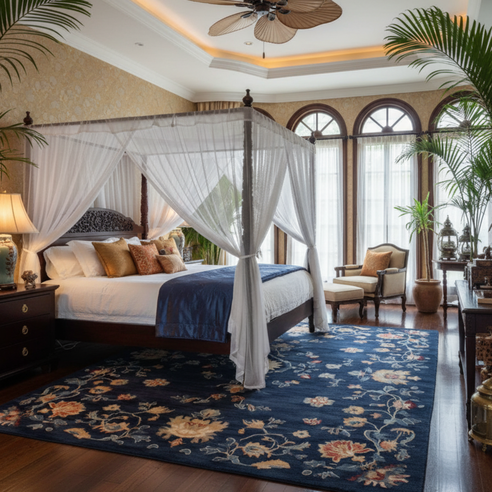 indochina hotel bed room styling with Midnight Bloom Hand Tufted Wool Rug