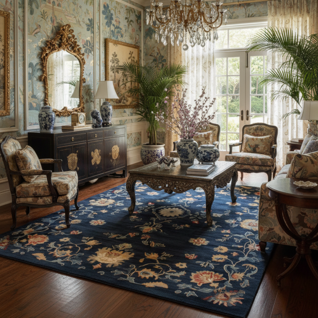 a chinoiserie luxurious living room with Midnight Bloom Hand Tufted Wool Rug