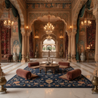 a mughal palace with chandeliers and Midnight Bloom Hand Tufted Wool Rug