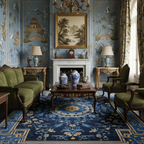 a chinoiserie hand painted living room with Midnight Blue Serenity Viscose Hand Tufted Rug