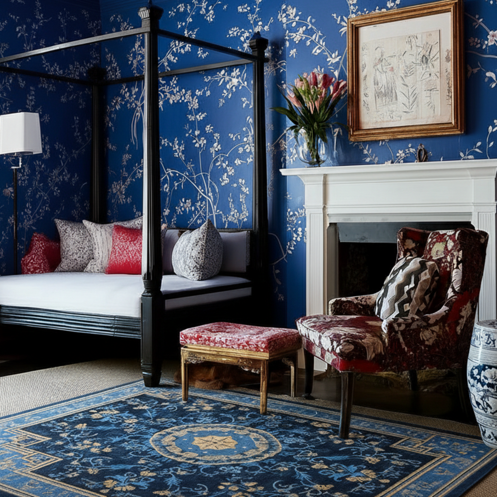 a chinoiserie hand painted blue wall bed room with Midnight Blue Serenity Viscose Hand Tufted Rug