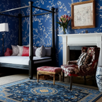 a chinoiserie hand painted blue wall bed room with Midnight Blue Serenity Viscose Hand Tufted Rug