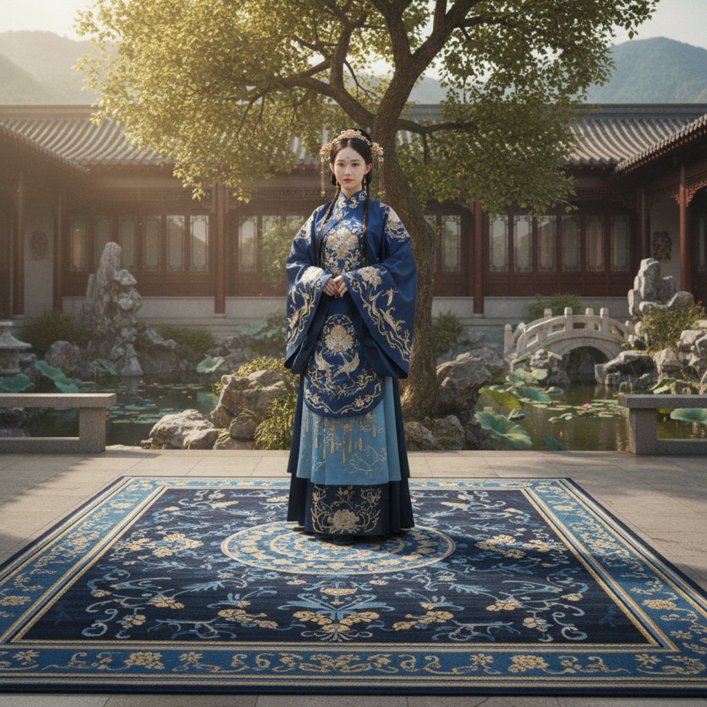 a chinese modelling Midnight Blue Serenity Viscose Hand Tufted Rug
