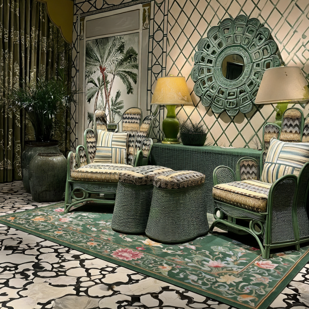 a green theme chinoiserie chic entry way with Moorland Tapestry Hand Tufted Viscose Rug
