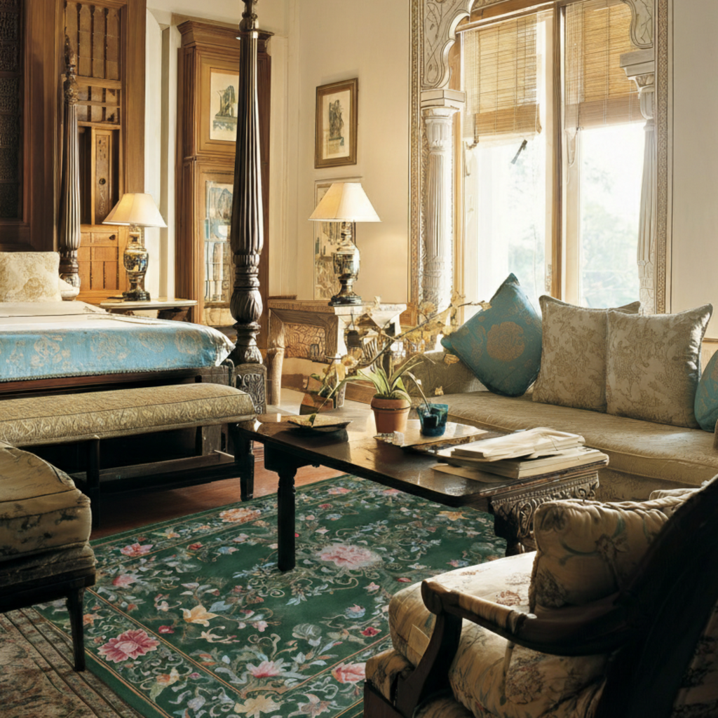a traditional luxurious bedroom with Moorland Tapestry Hand Tufted Viscose Rug