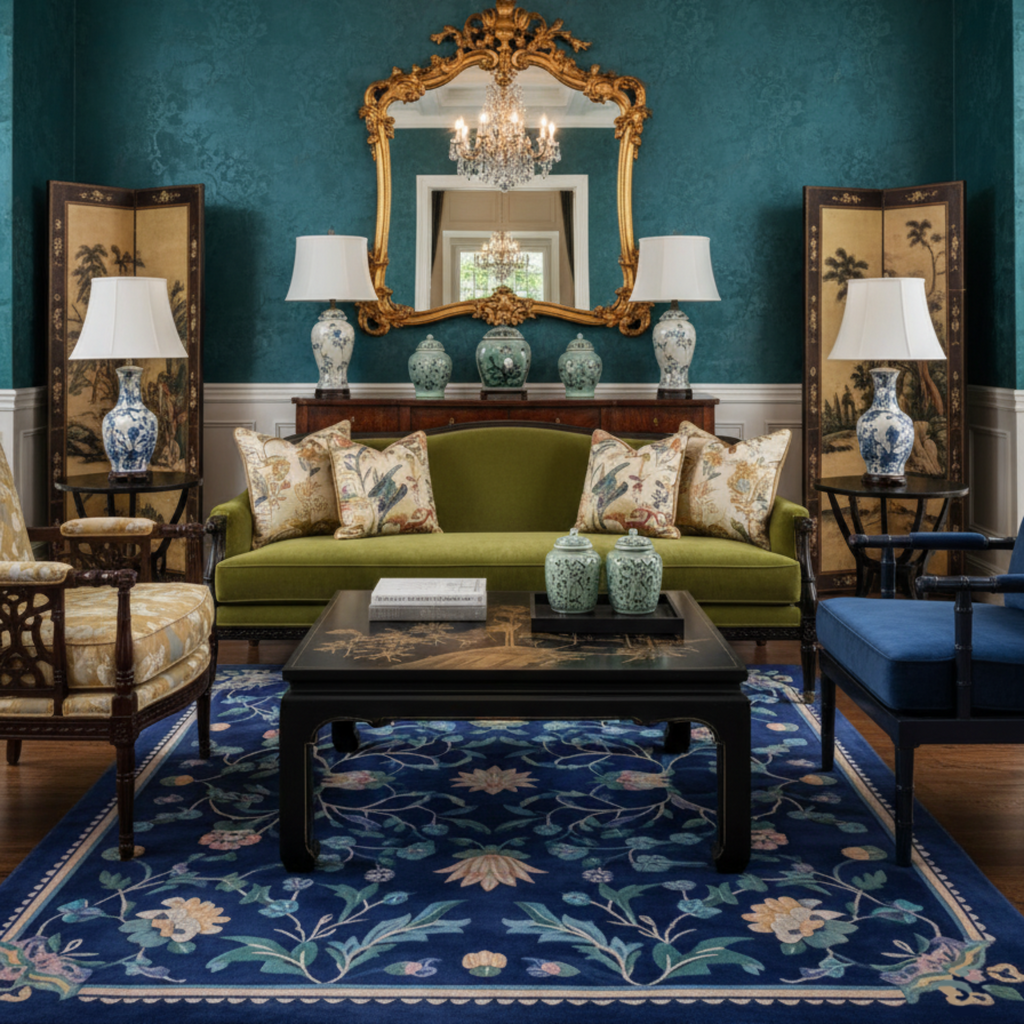 a chinoiserie living room with chinese indian inspired rug called Navy Chinoiserie Bloom Viscose Hand Tufted Rug