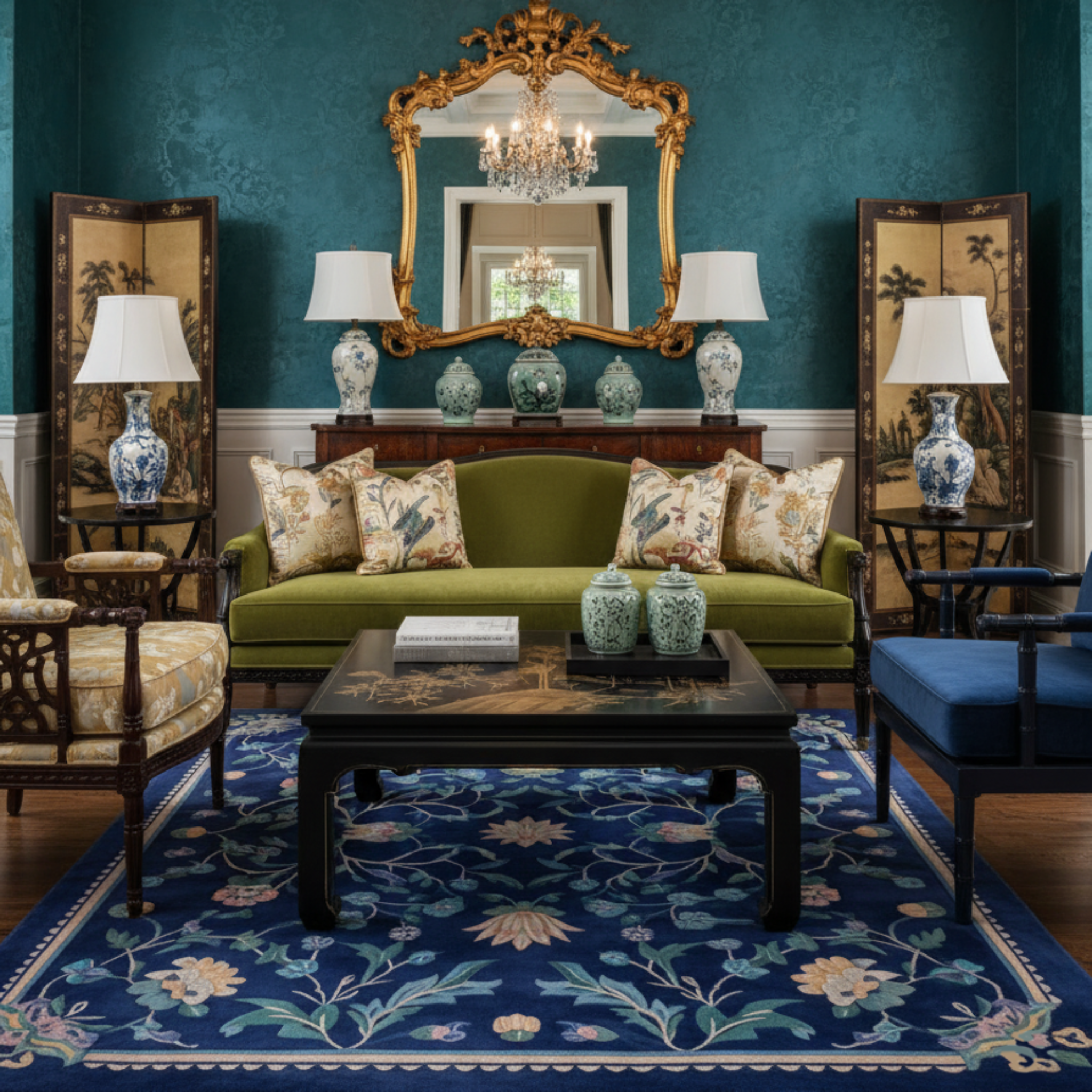 a chinoiserie living room with chinese indian inspired rug called Navy Chinoiserie Bloom Viscose Hand Tufted Rug