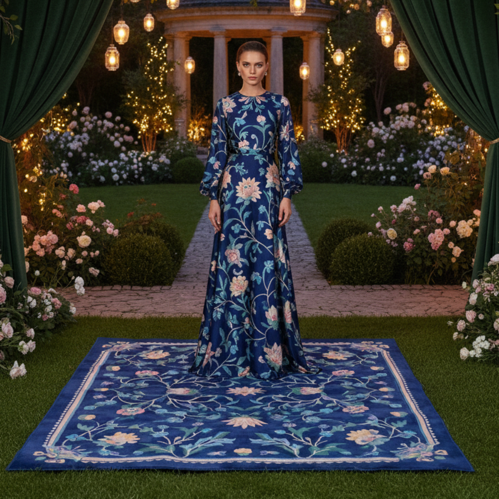 a model wearing floral blue dress standing on Navy Chinoiserie Bloom Viscose Hand Tufted Rug