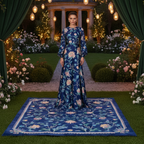 a model wearing floral blue dress standing on Navy Chinoiserie Bloom Viscose Hand Tufted Rug