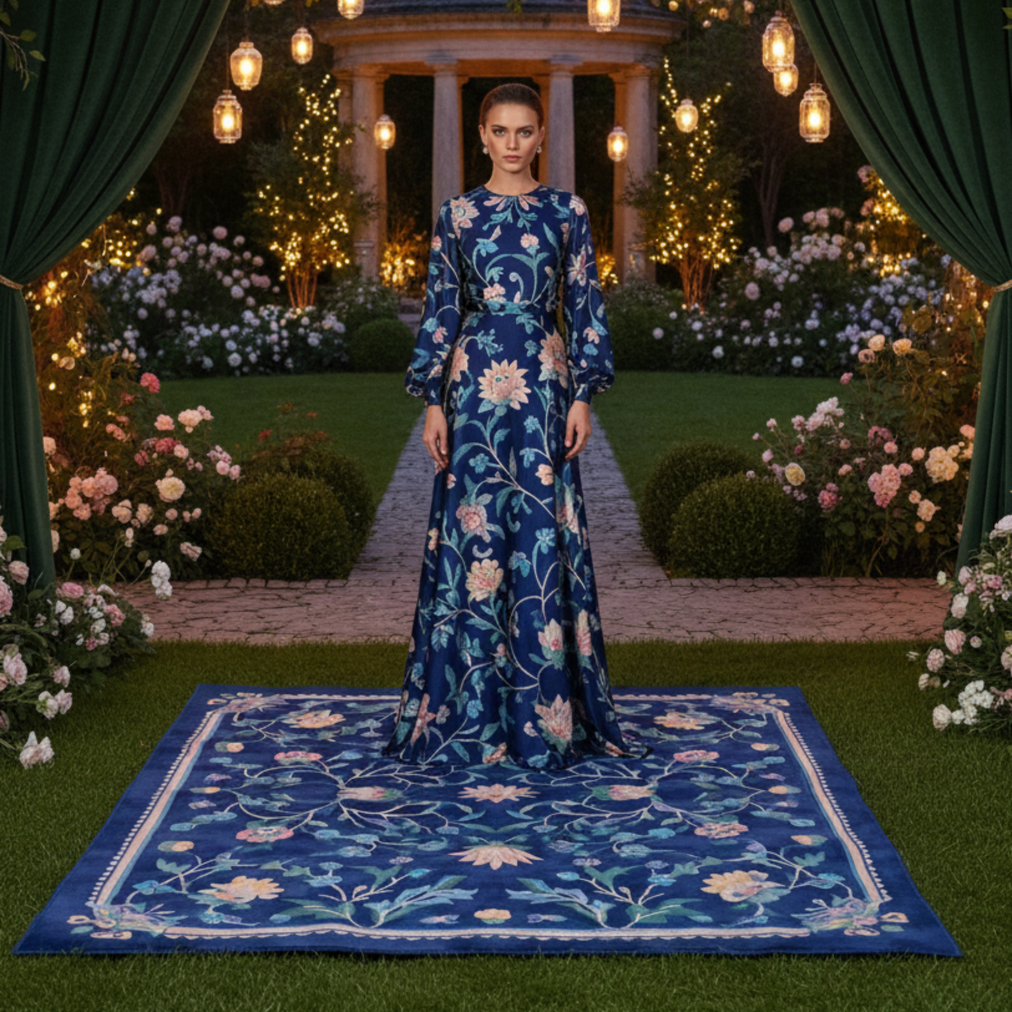 a model wearing floral blue dress standing on Navy Chinoiserie Bloom Viscose Hand Tufted Rug