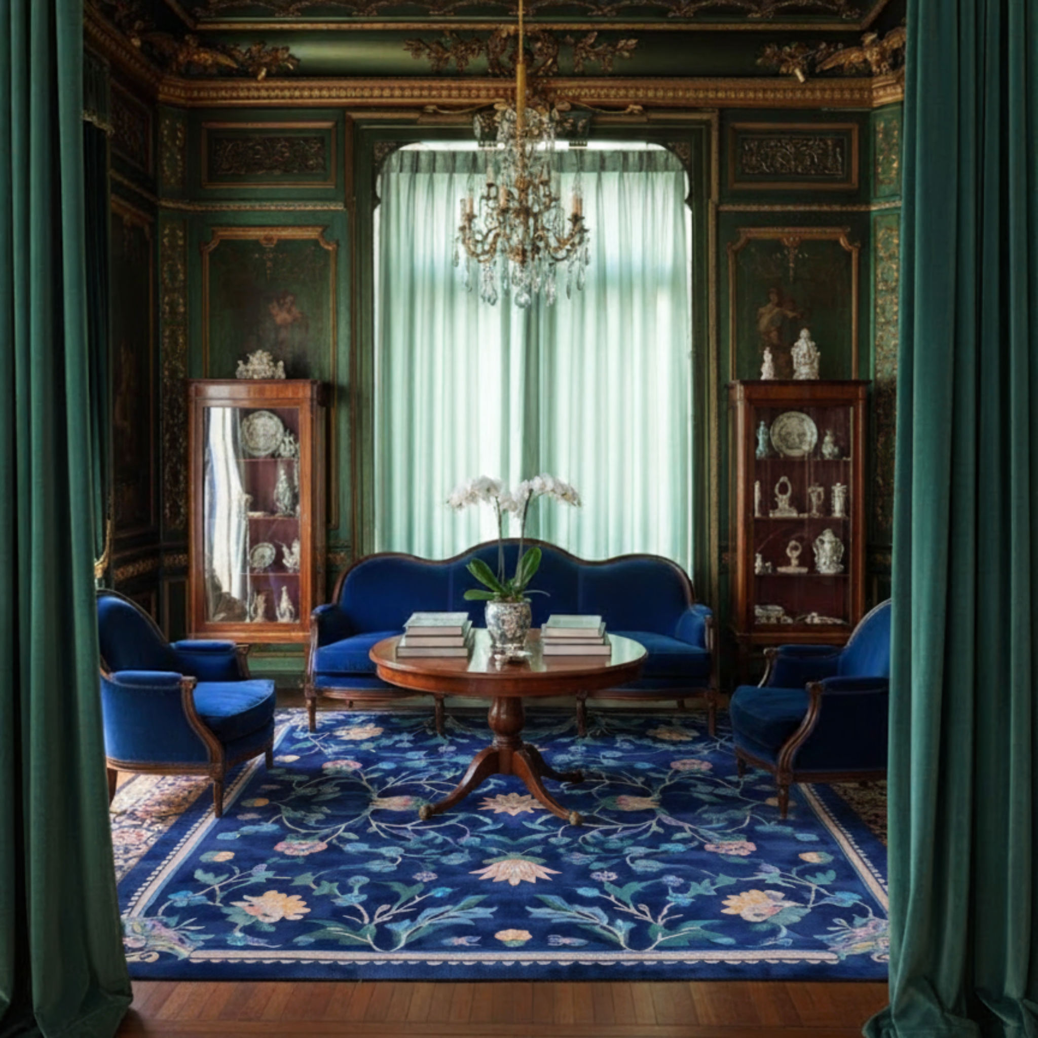 a traditional green living room with blue furniture and Navy Chinoiserie Bloom Viscose Hand Tufted Rug