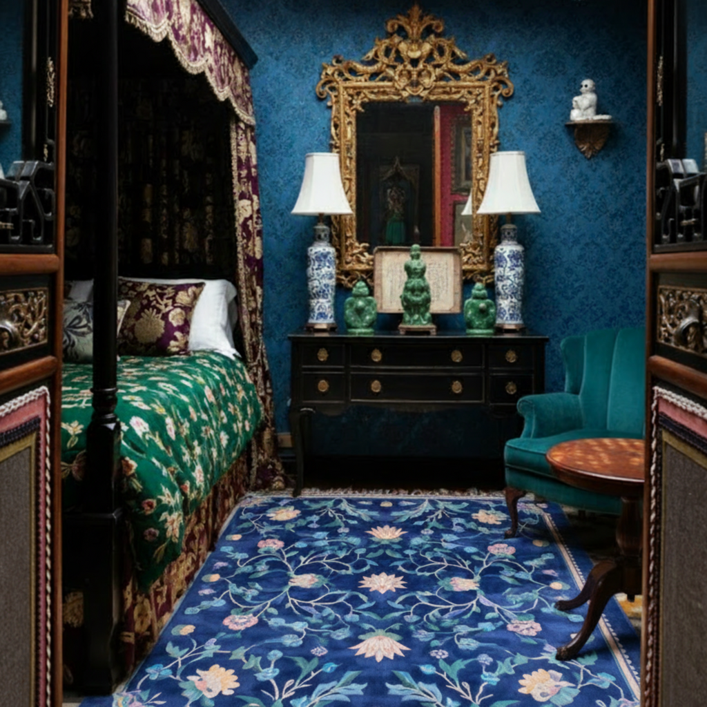 a guest bed room inspired by chinese french style with Navy Chinoiserie Bloom Viscose Hand Tufted Rug