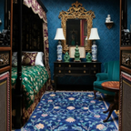 a guest bed room inspired by chinese french style with Navy Chinoiserie Bloom Viscose Hand Tufted Rug