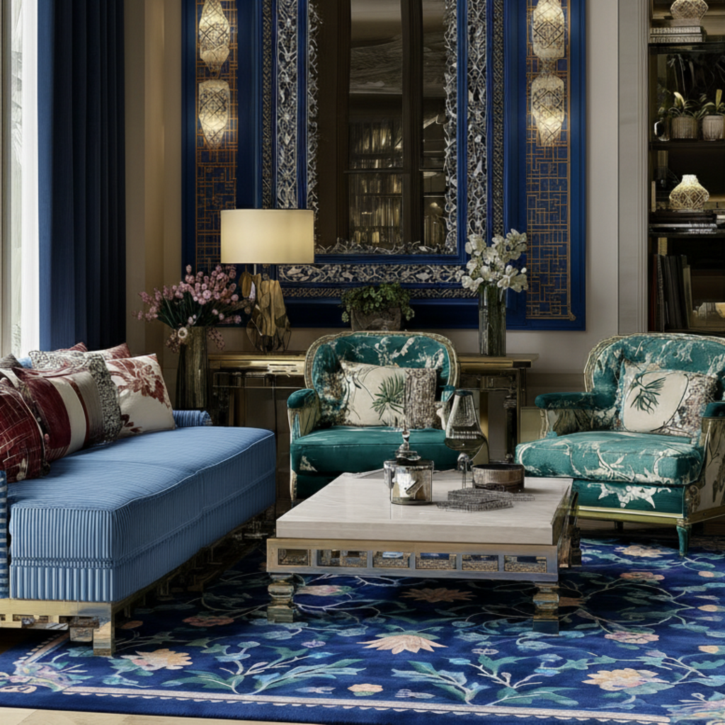 Luxurious living room with blue sofa, patterned chairs, and decorative rug.