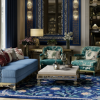 Luxurious living room with blue sofa, patterned chairs, and decorative rug.