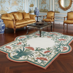 a chinoiserie living room with silk furniture, hand painted blue wall, and Palais Arch Hand Tufted Wool Rug