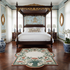 a chinoserie chic blue bed room with Palais Arch Hand Tufted Wool Rug