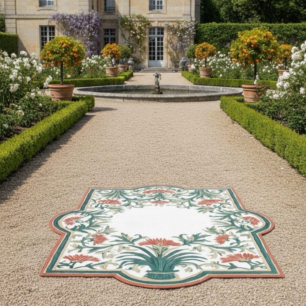 Palais Arch Hand Tufted Wool Rug in an outdoor garden french inspired