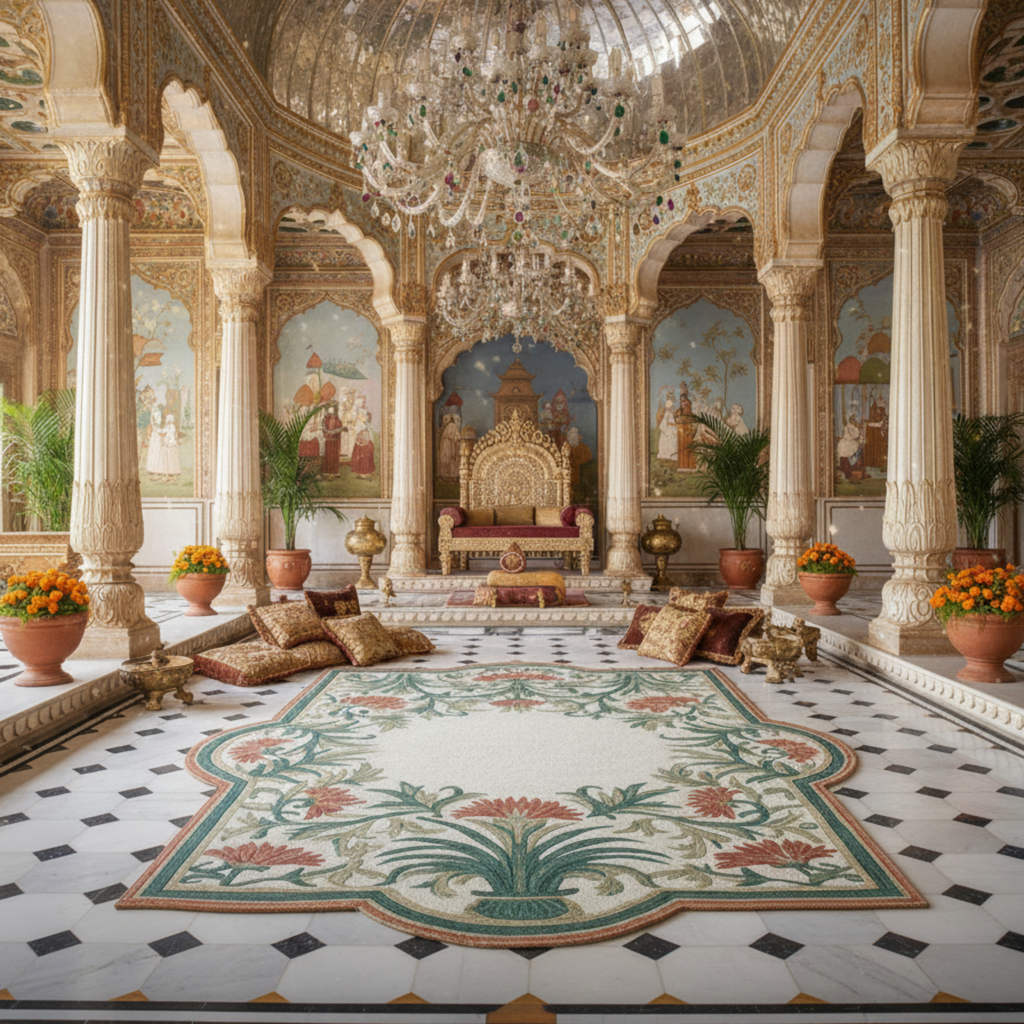 an indian palace with chandeliers and Palais Arch Hand Tufted Wool Rug