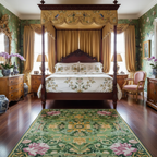 green and gold bed room traditional chinese inspired with Paradise Blooms Eternal Hand Tufted Wool Rug