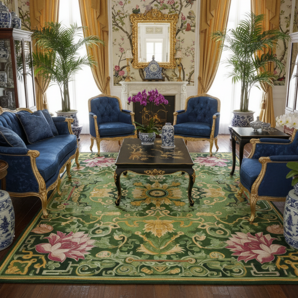 gold inspired chinoiserie french liviing room with Paradise Blooms Eternal Hand Tufted Wool Rug