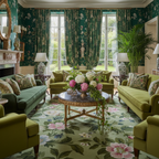 Green floral theme luxurious living room with Paradise Blooms Eternal Hand Tufted Wool Rug