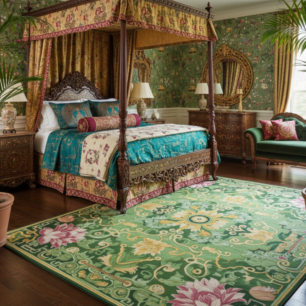 a green floral chinoiserie bedroom with canopy bed and Paradise Blooms Eternal Hand Tufted Wool Rug