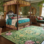 a green floral chinoiserie bedroom with canopy bed and Paradise Blooms Eternal Hand Tufted Wool Rug