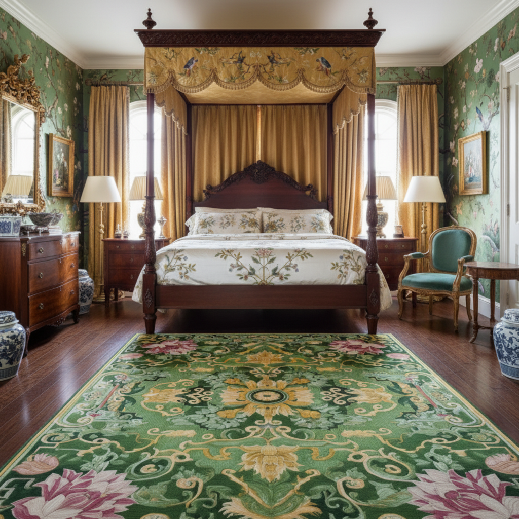 a green chinoiserie bed room with wallpaper and Paradise Blooms Eternal Hand Tufted Wool Rug