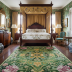 a green chinoiserie bed room with wallpaper and Paradise Blooms Eternal Hand Tufted Wool Rug