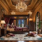 Peacock Garden Royale Hand Tufted Wool Rug in a grand palace style bedroom with wooden canopy bed