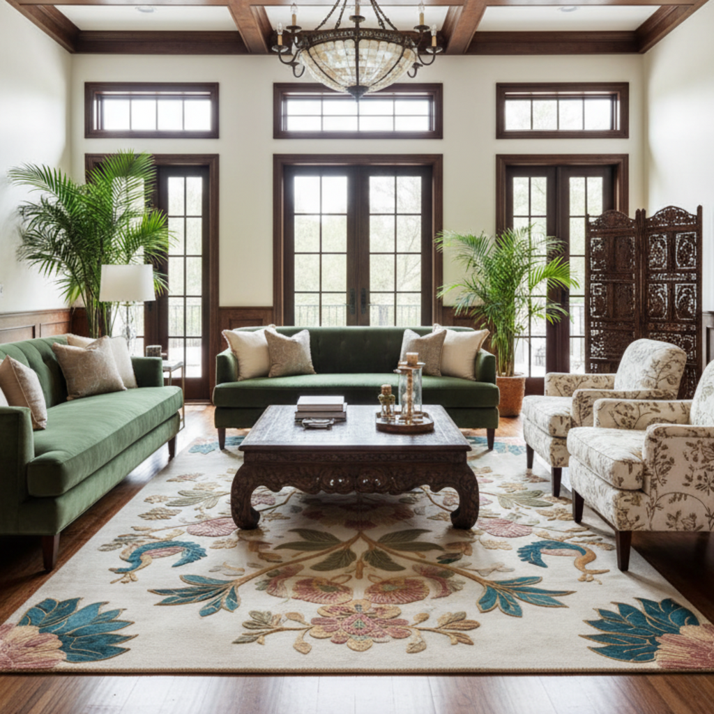 indo china living room with Peacock Garden Royale Hand Tufted Wool Rug