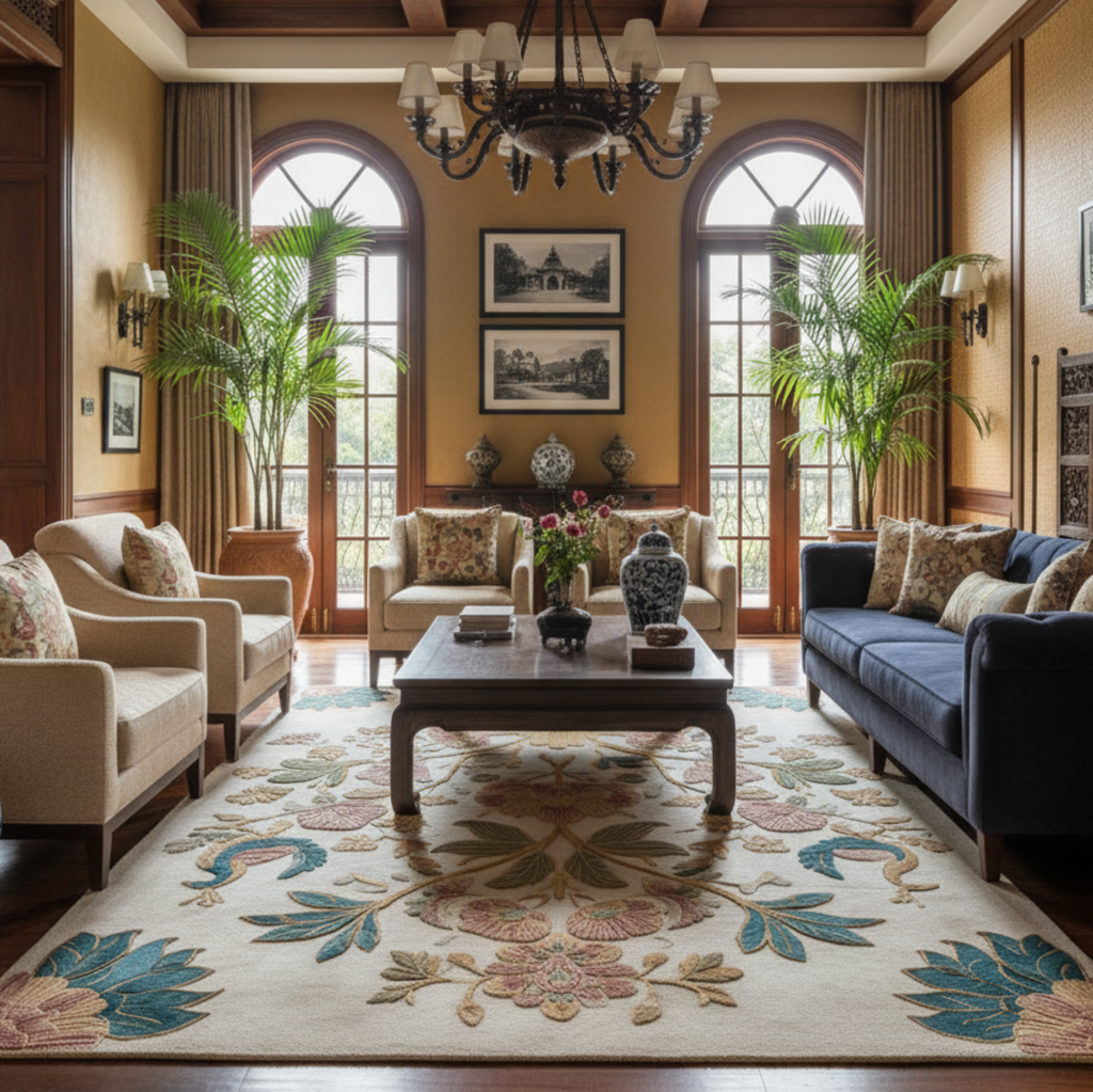 indo china living room with Peacock Garden Royale Hand Tufted Wool Rug