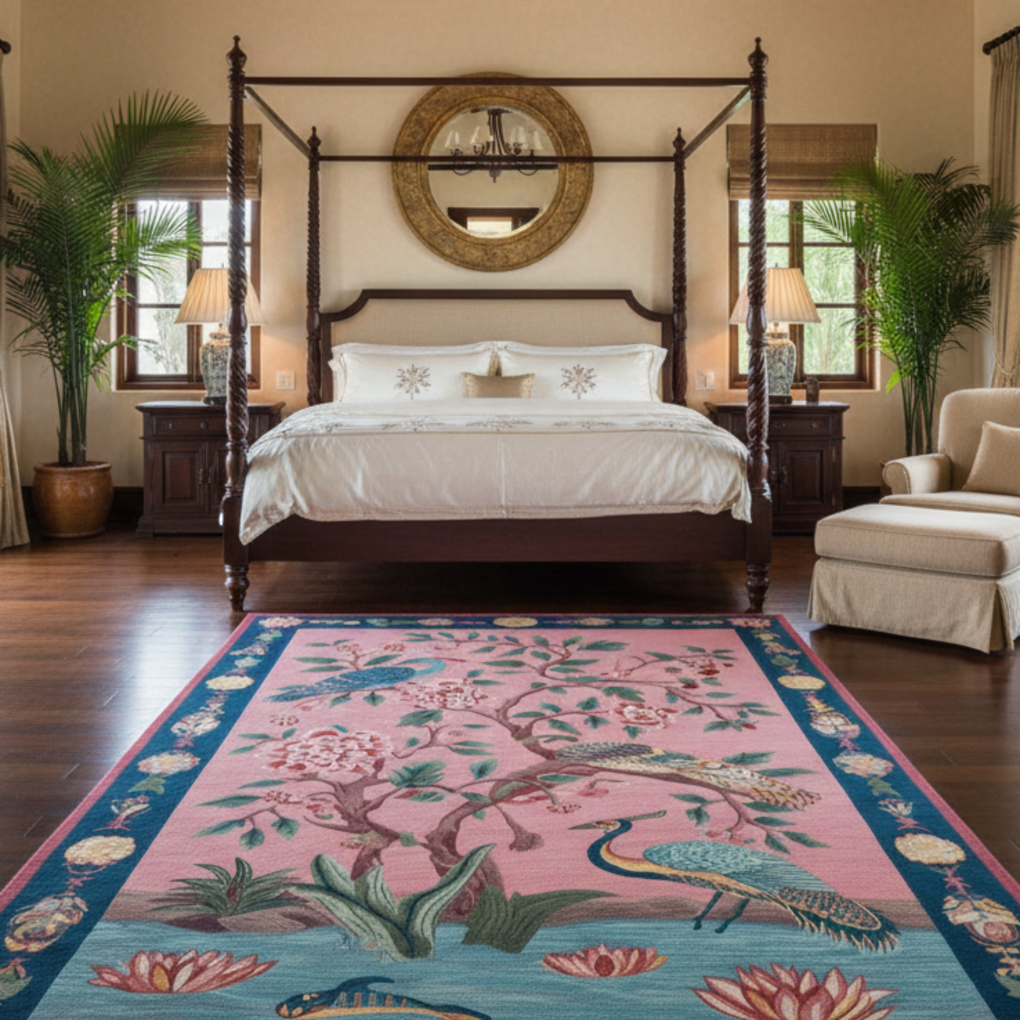 luxurious transitional bedroom Peacock Blossom Dynasty Hand Tufted Wool Rug