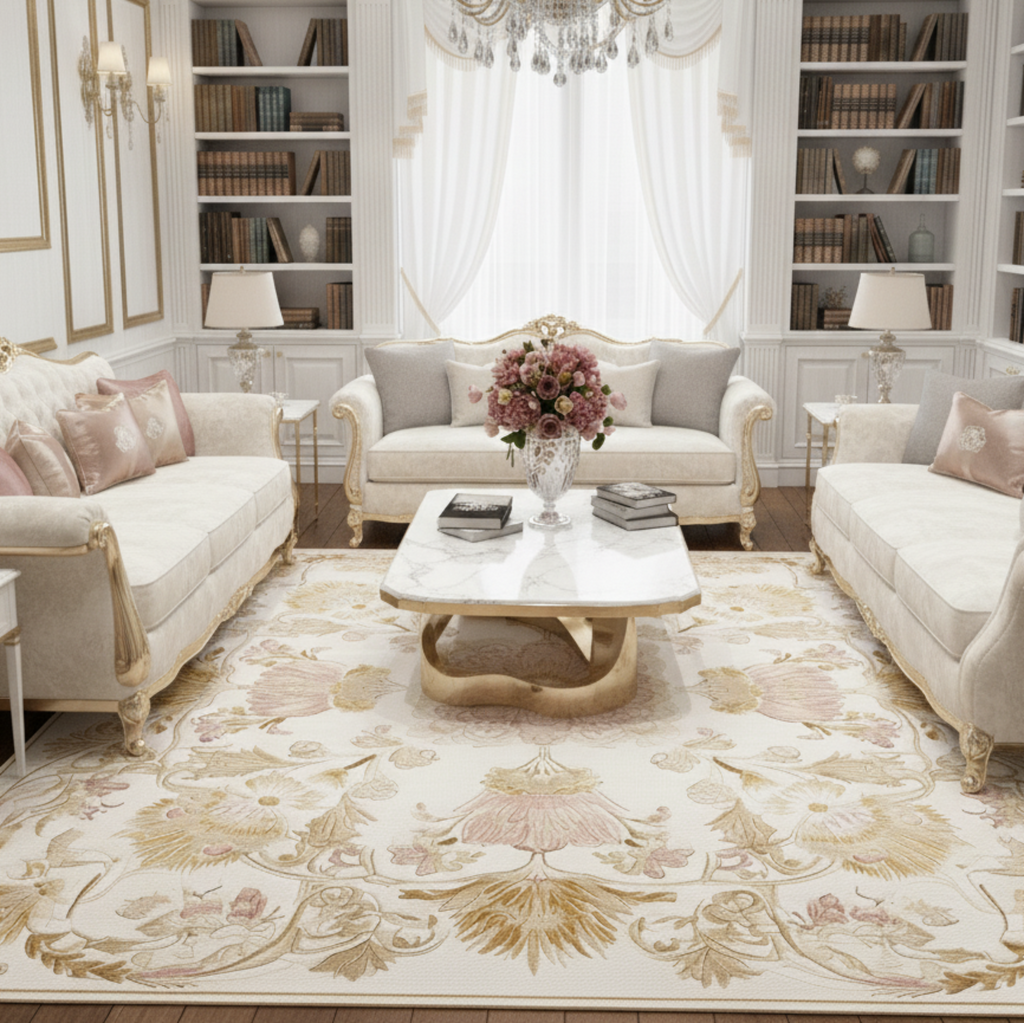 a white transitional living room with Regency Centerpiece Hand Knotted Square Rug
