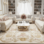 a white transitional living room with Regency Centerpiece Hand Knotted Square Rug