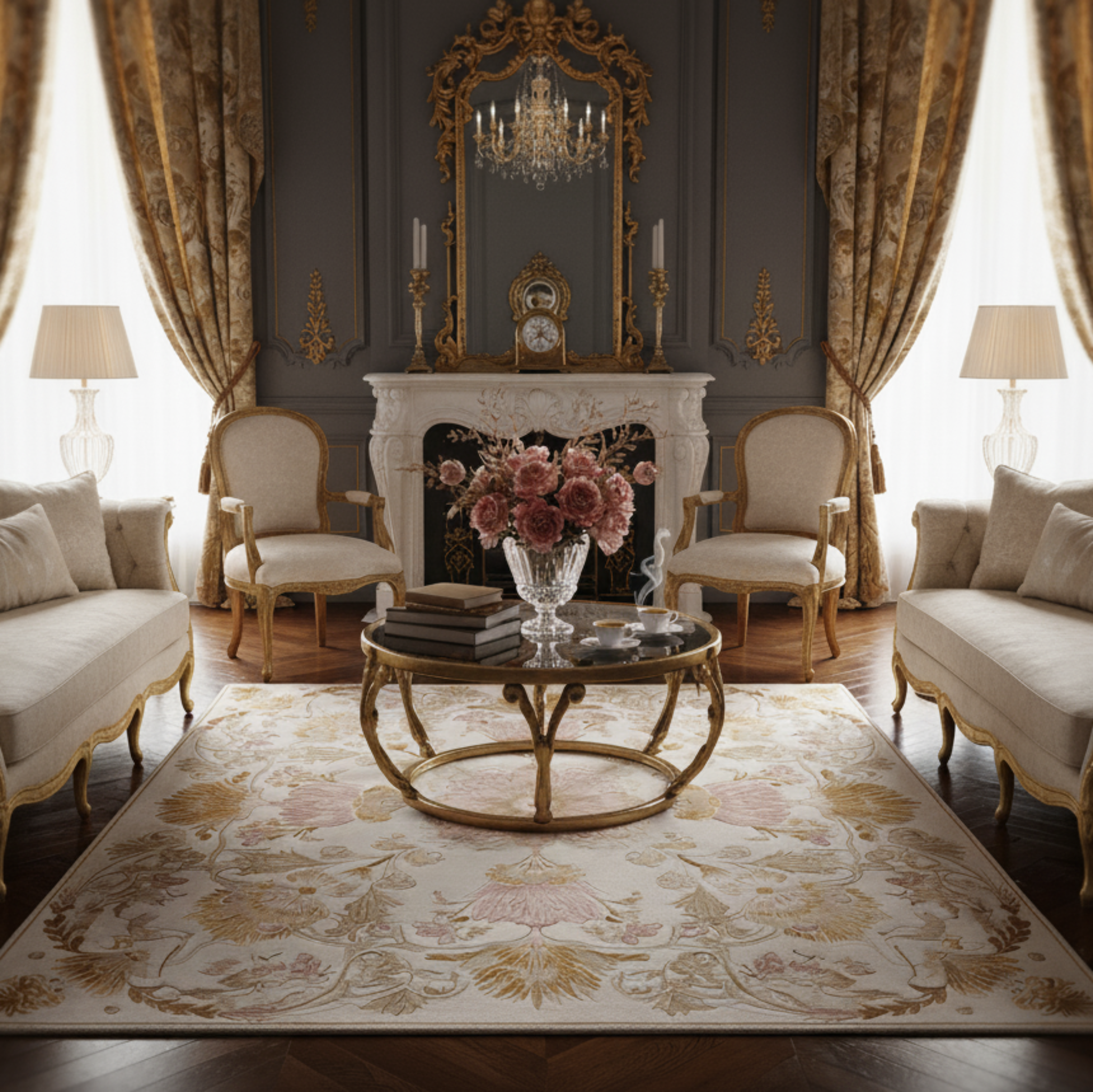 a gray vintage inspired luxurious living room with Regency Centerpiece Hand Knotted Square Rug