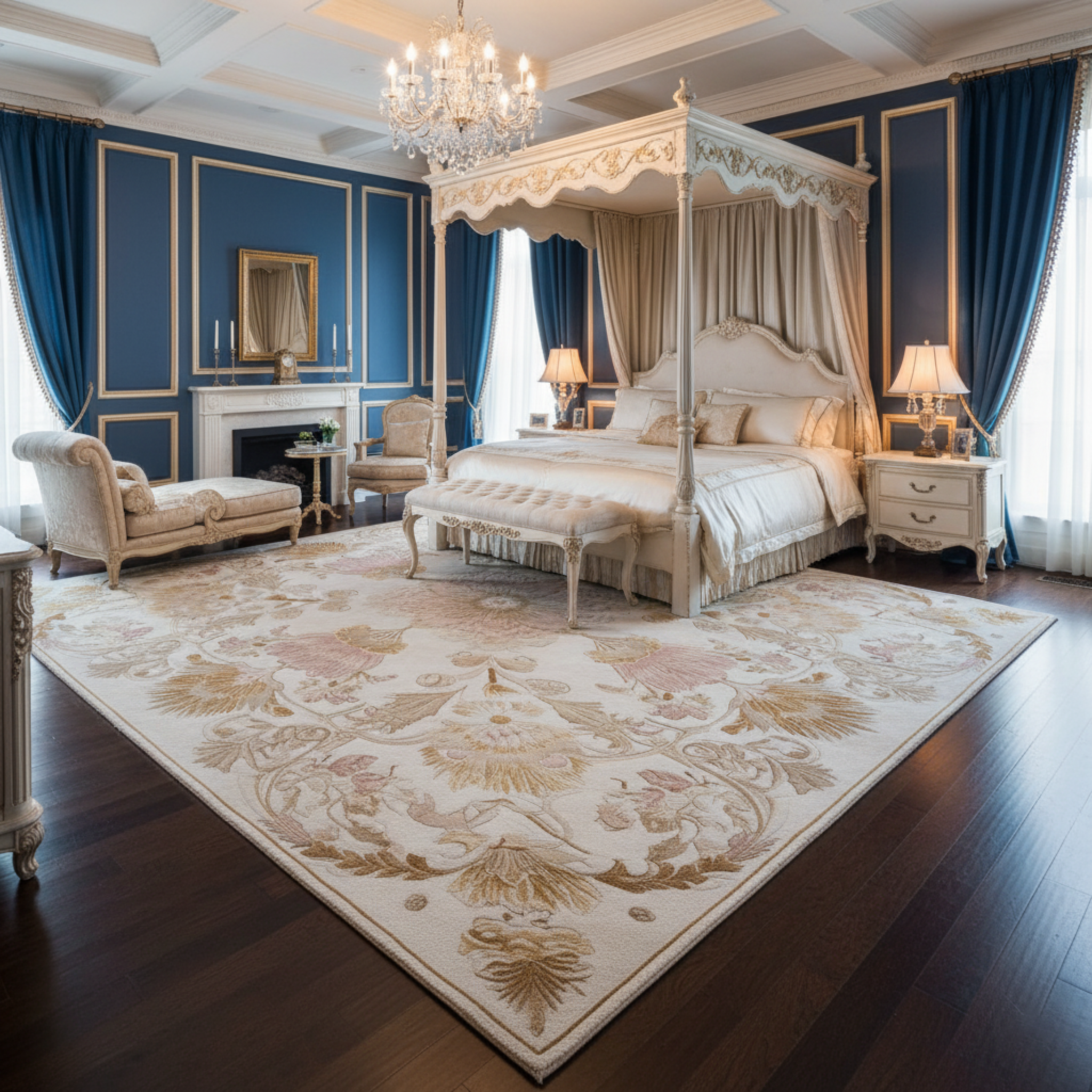 a blue and white french inspired bed room with Regency Centerpiece Hand Knotted Square Rug