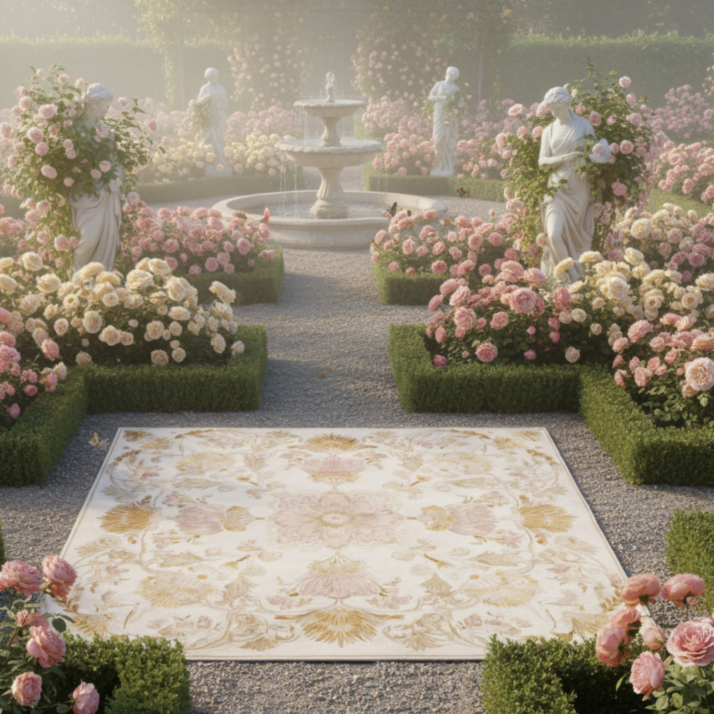 Regency Centerpiece Hand Knotted Square Rug in a garden outside